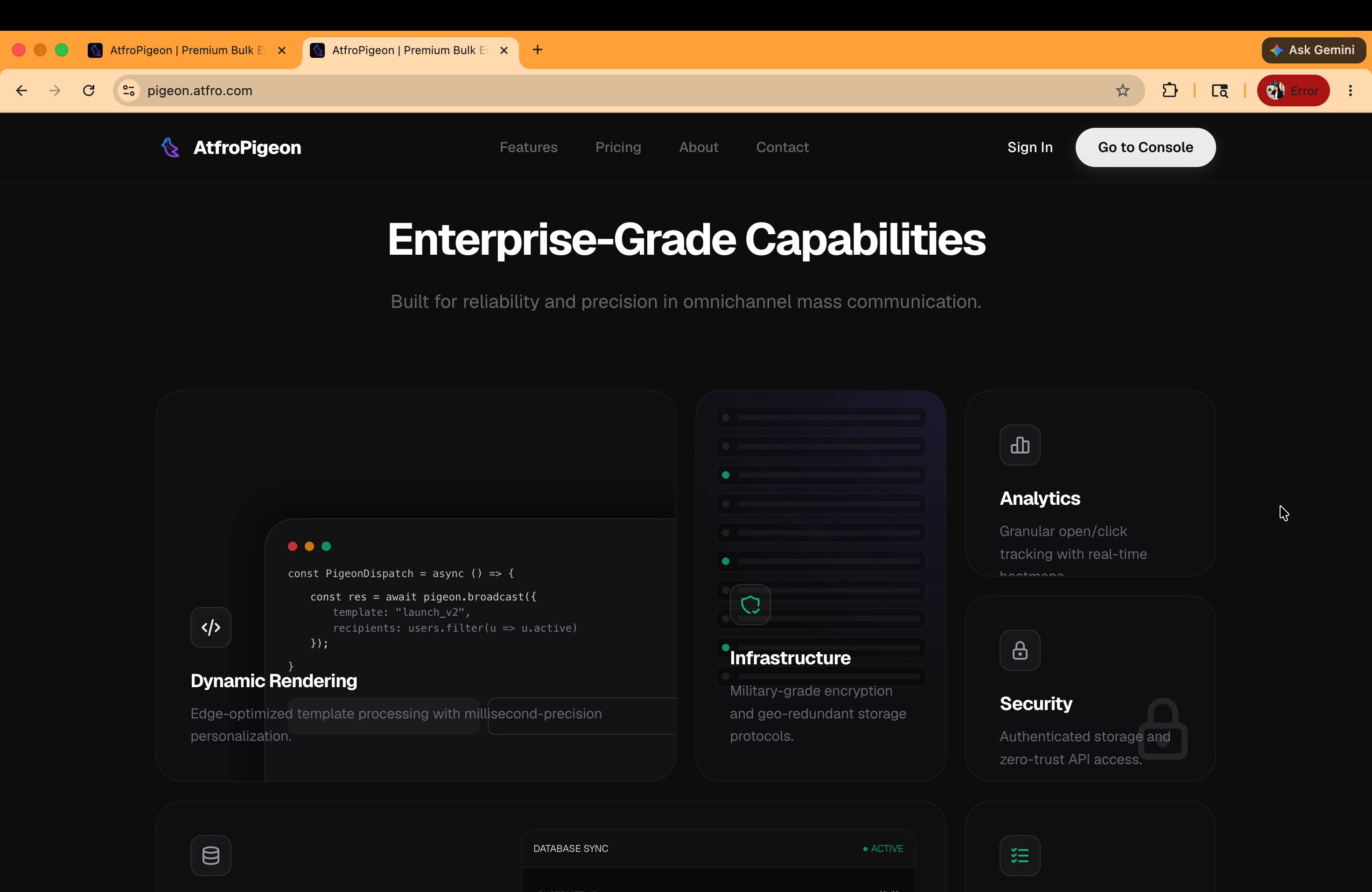 AtfroPigeon capabilities section showing infrastructure, analytics, security, and rendering features