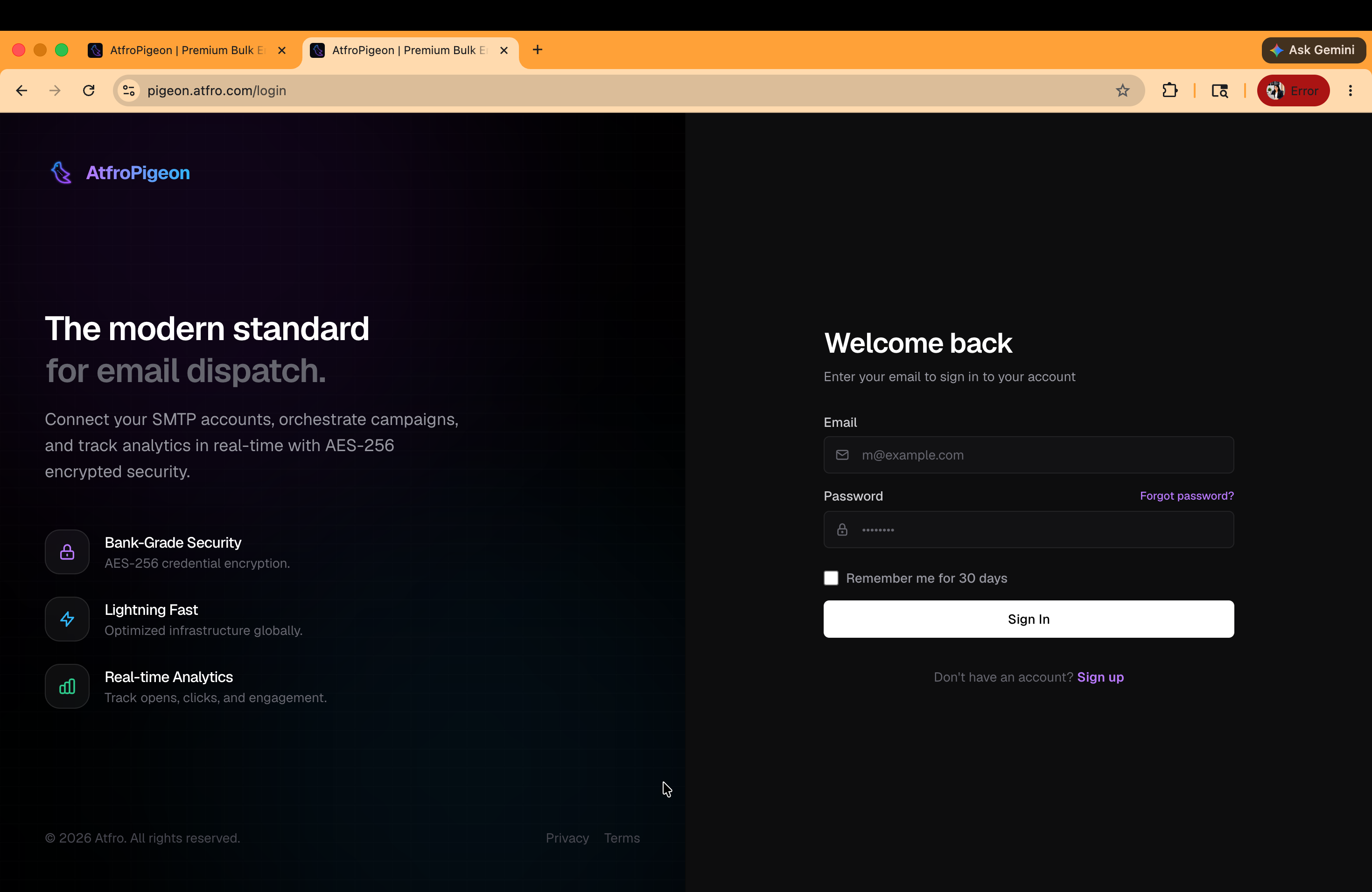 AtfroPigeon login page with email and password sign-in form